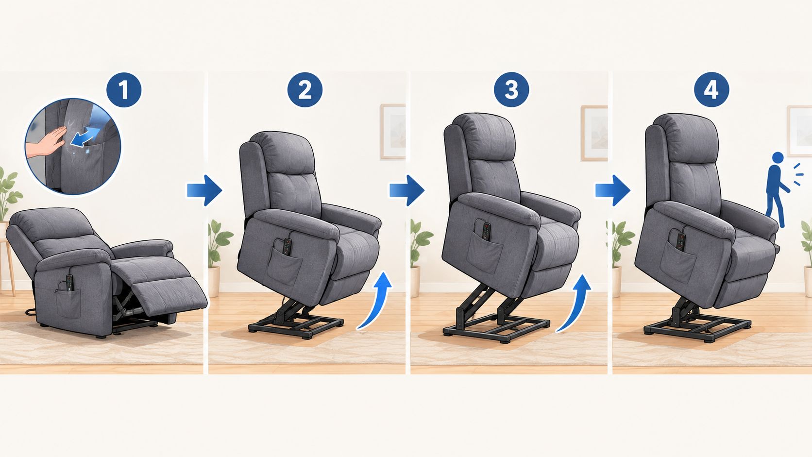 A diagram illustrating how an electric lift chair moves from a reclined position to a standing position.