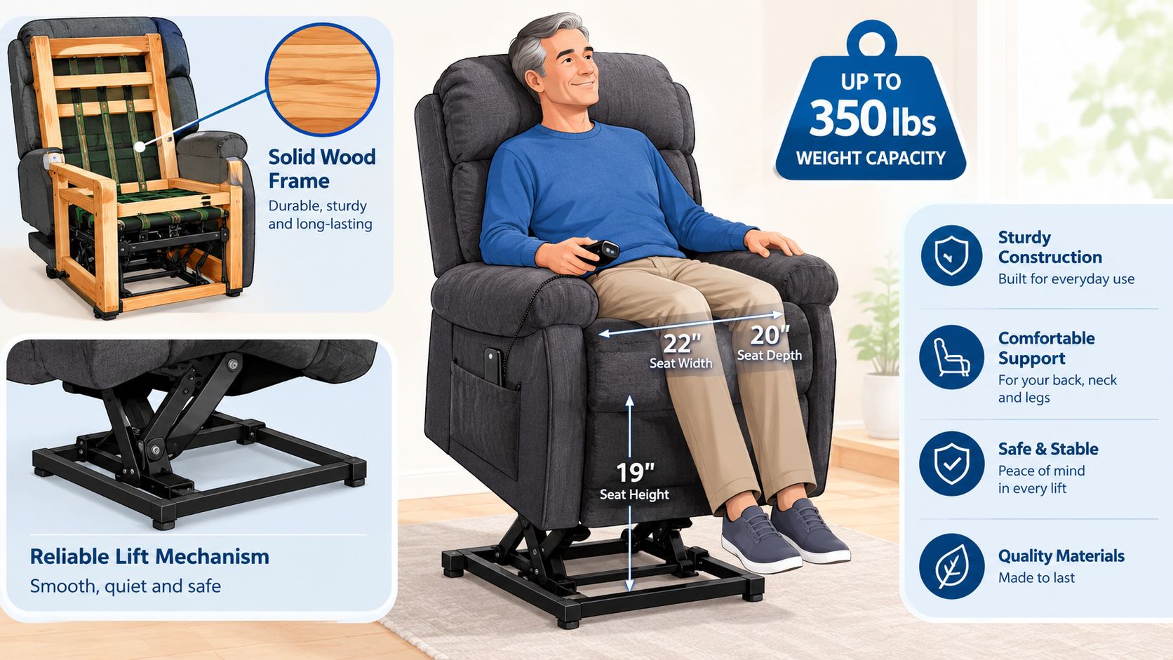 A diagram of a grey electric lift chair showcasing its solid wood frame, sturdy lift mechanism, and key dimensions.