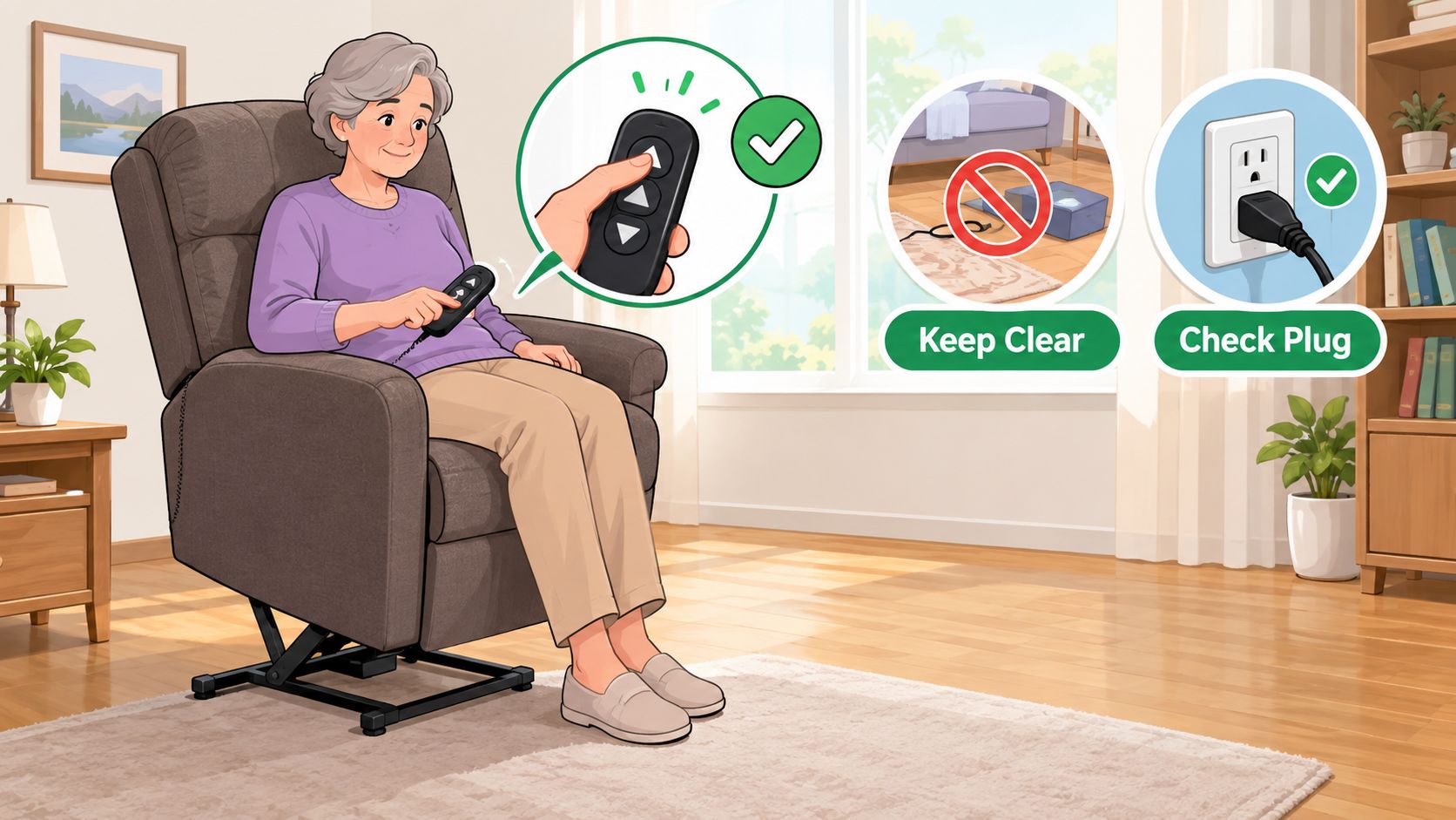 An elderly woman sitting in a brown electric lift chair using a remote control for assistance.