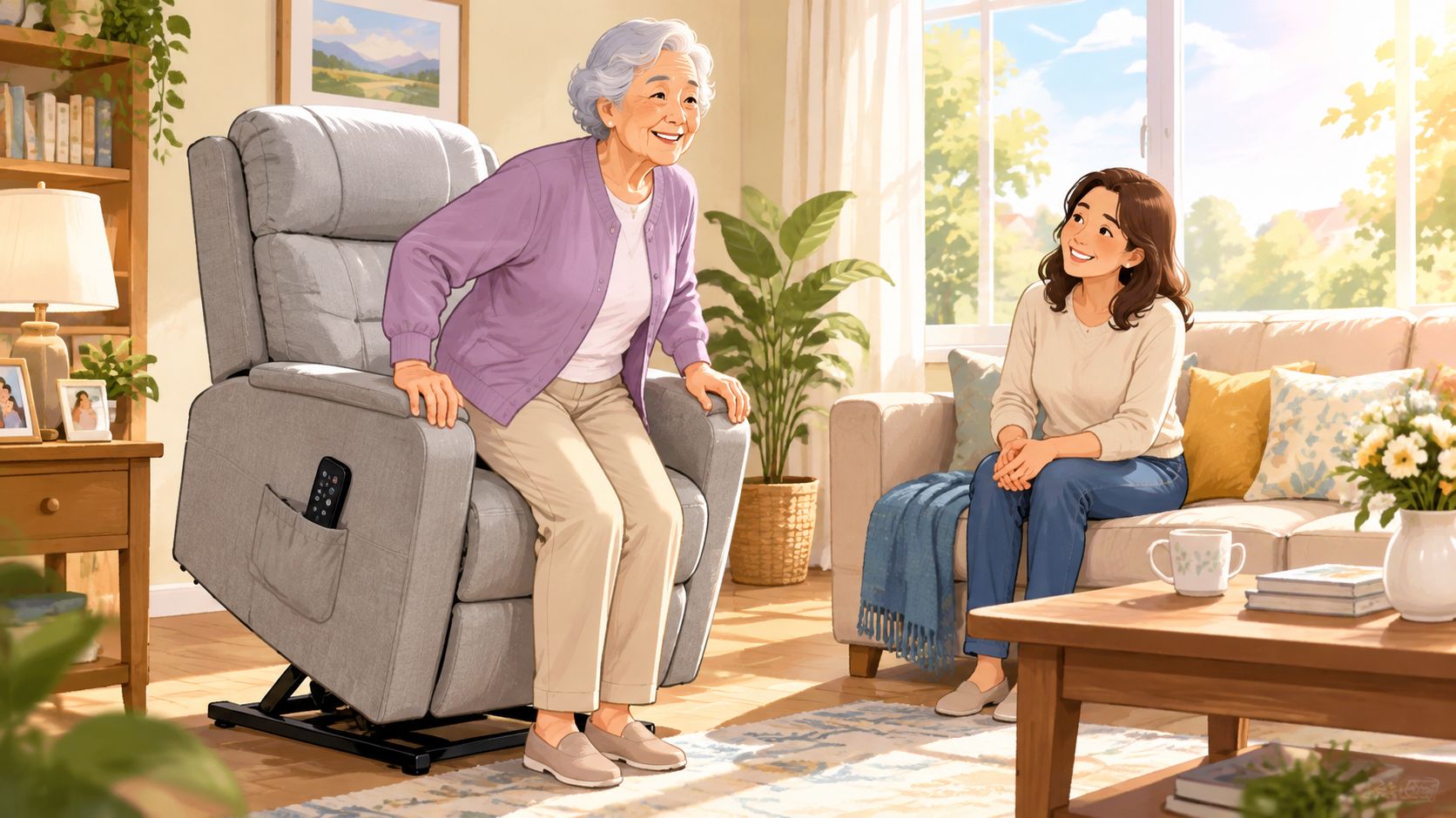 A happy senior woman using an electric lift chair in a living room with a younger woman.