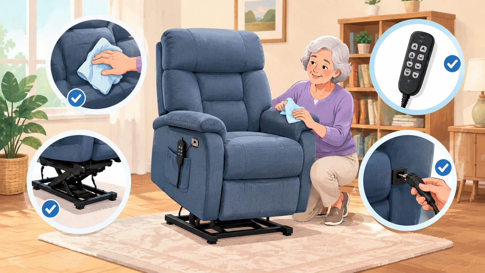 An older woman cleaning a blue power lift recliner chair with remote and power connection details shown.