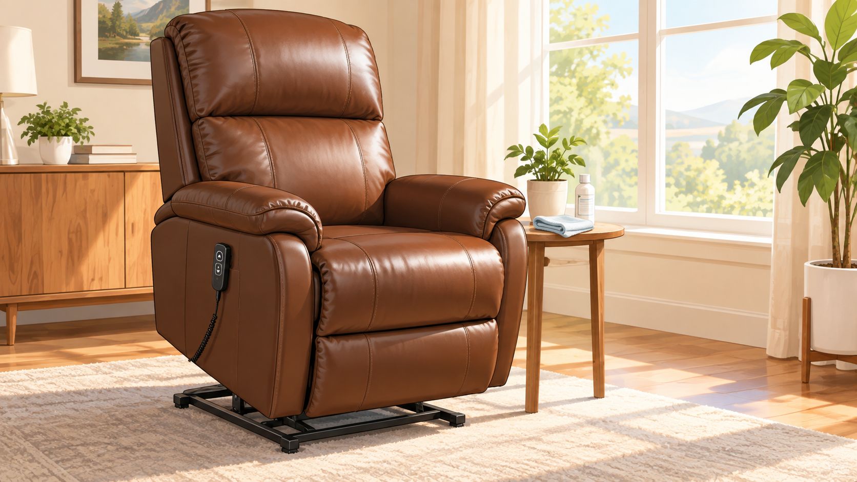 A brown leather power lift recliner chair positioned in a bright living room near a window.