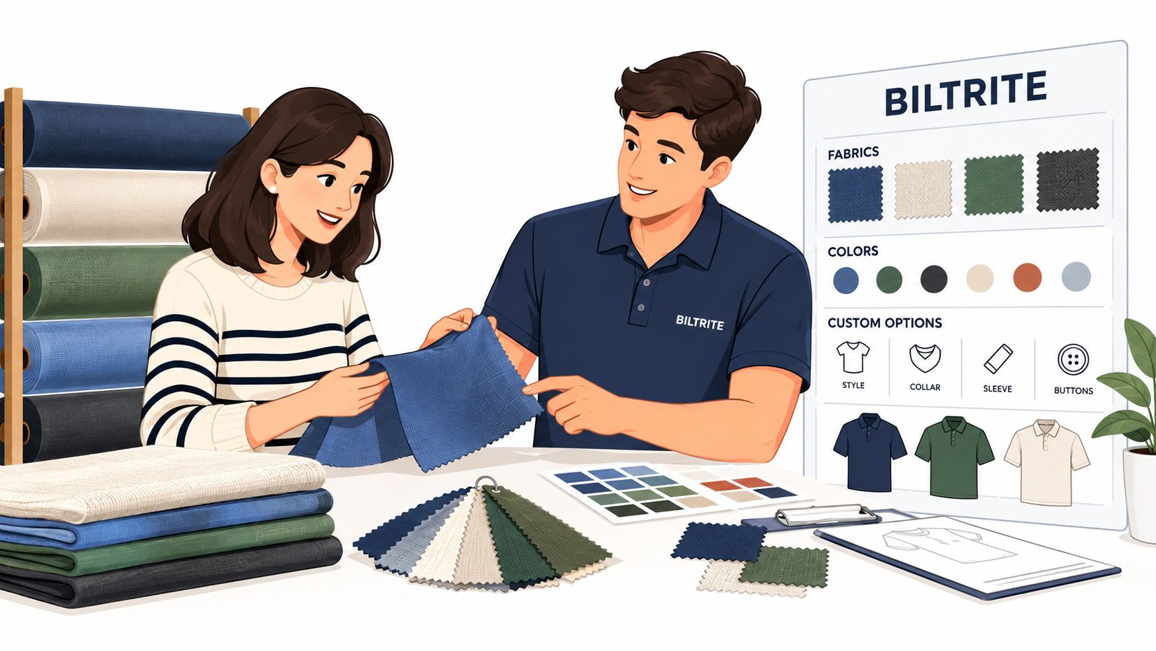 A woman choosing blue fabric with a helpful male shop assistant in a custom clothing store.