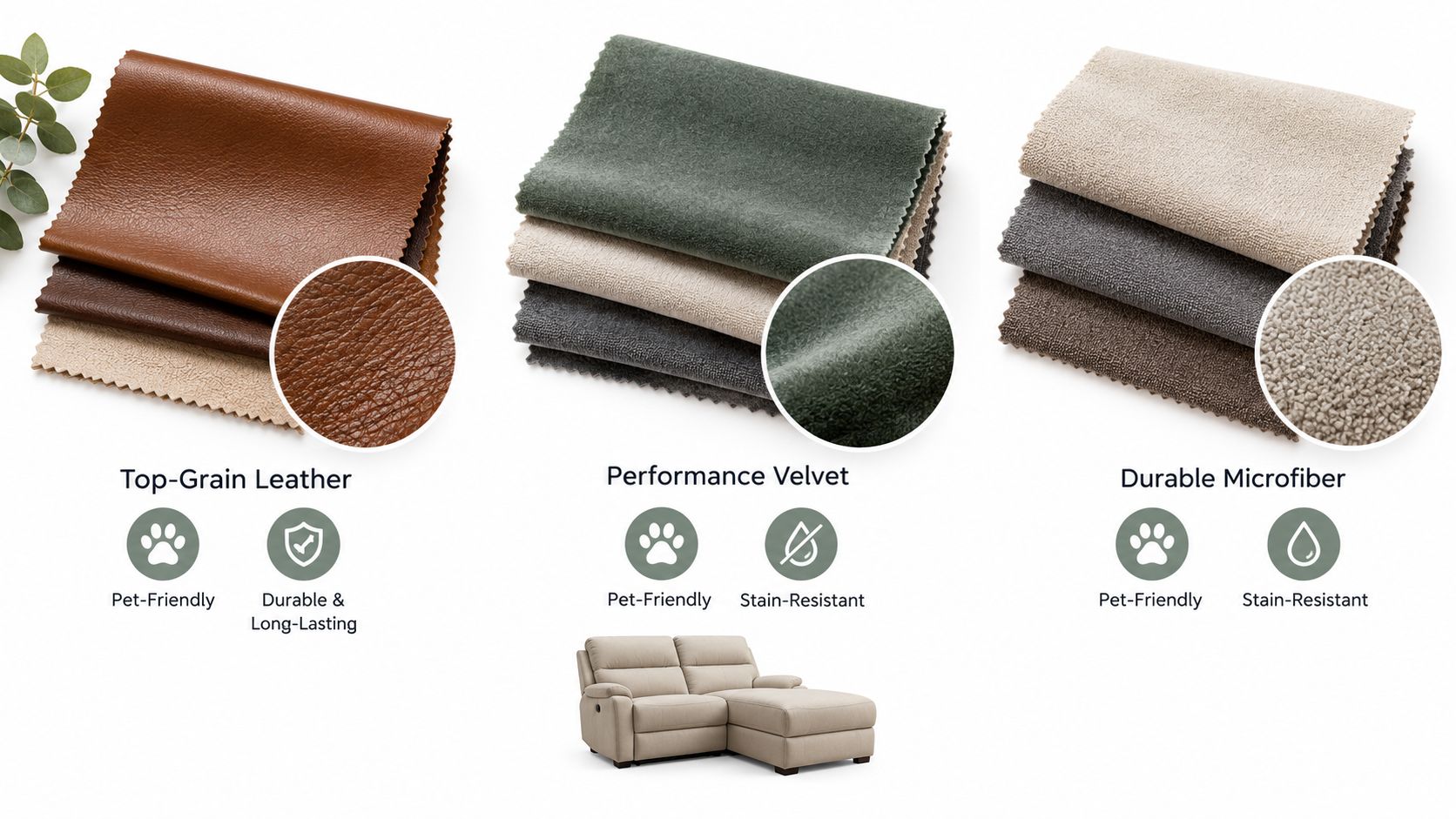 Fabric swatches showing Top-Grain Leather, Performance Velvet, and Durable Microfiber options for a loveseat recliner with chaise.