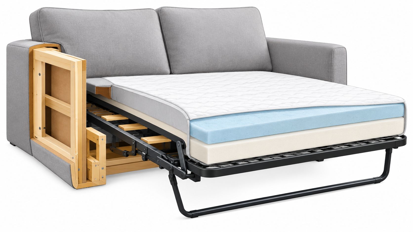 A modern grey loveseat sofa bed with its mattress pulled out, showcasing internal wooden frame and foam layers.