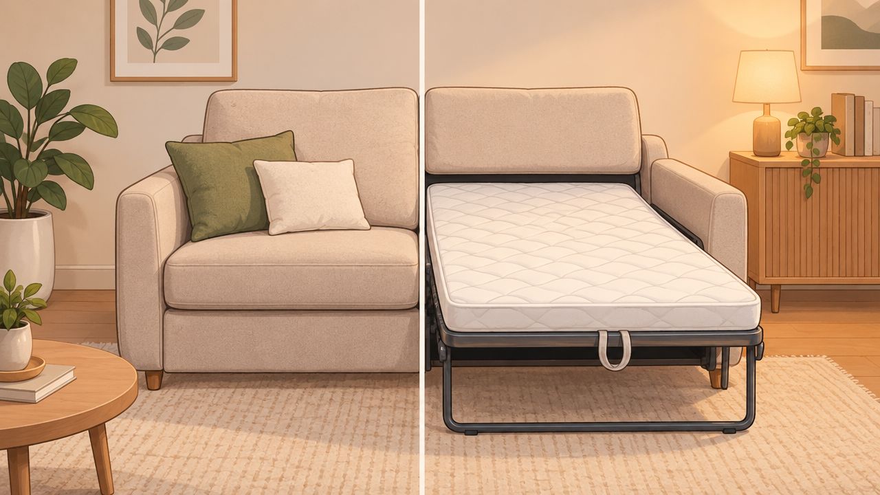 A split image showing a convertible loveseat sofa bed in both folded and unfolded mattress positions.