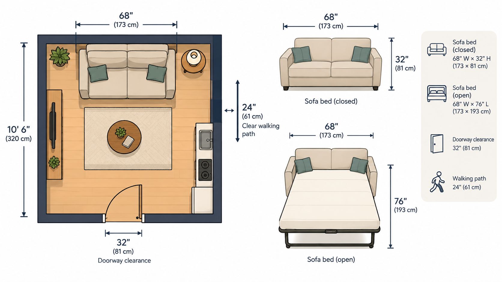 A floor plan showing a studio apartment layout with dimensions for a loveseat sofa bed and walking paths.