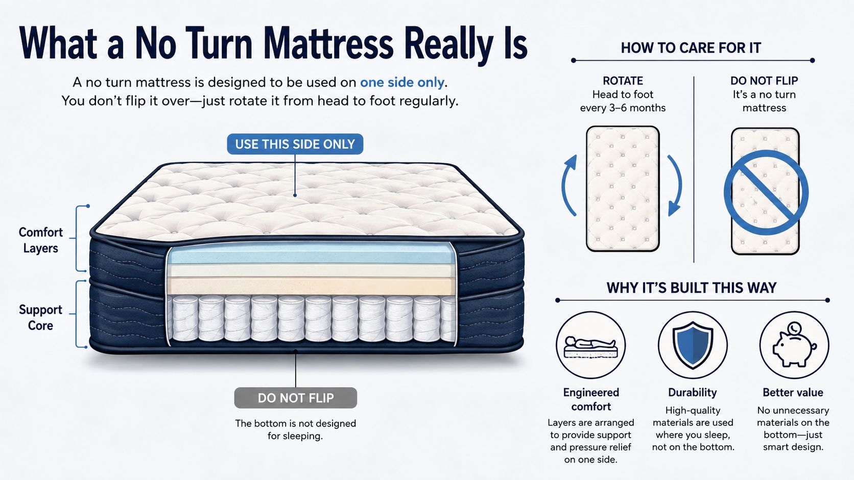 A diagram explaining that a no turn mattress is designed to be used on one side only.