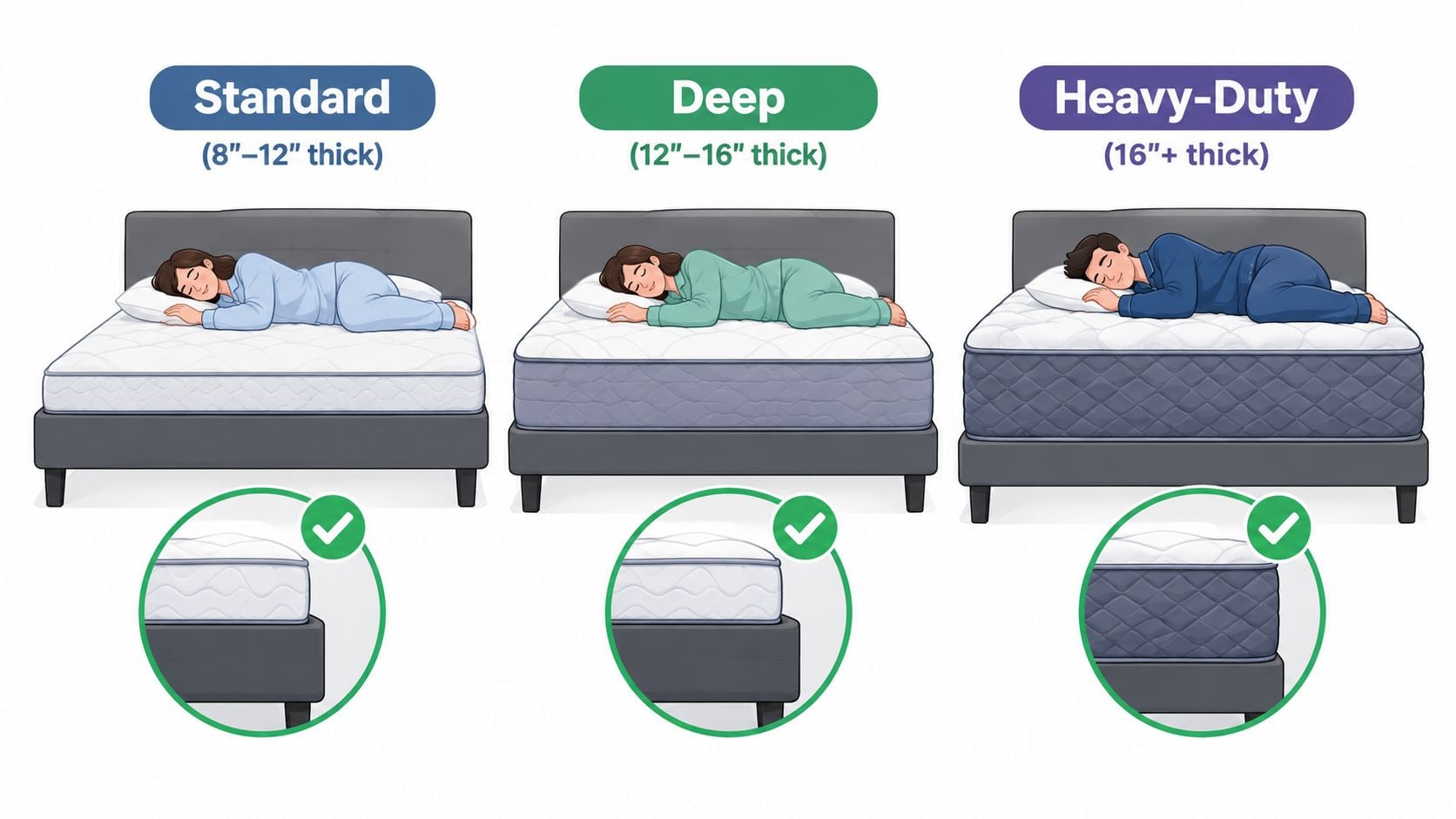 Three beds showing standard, deep, and heavy-duty mattress depths suitable for different mattress protector sizes.