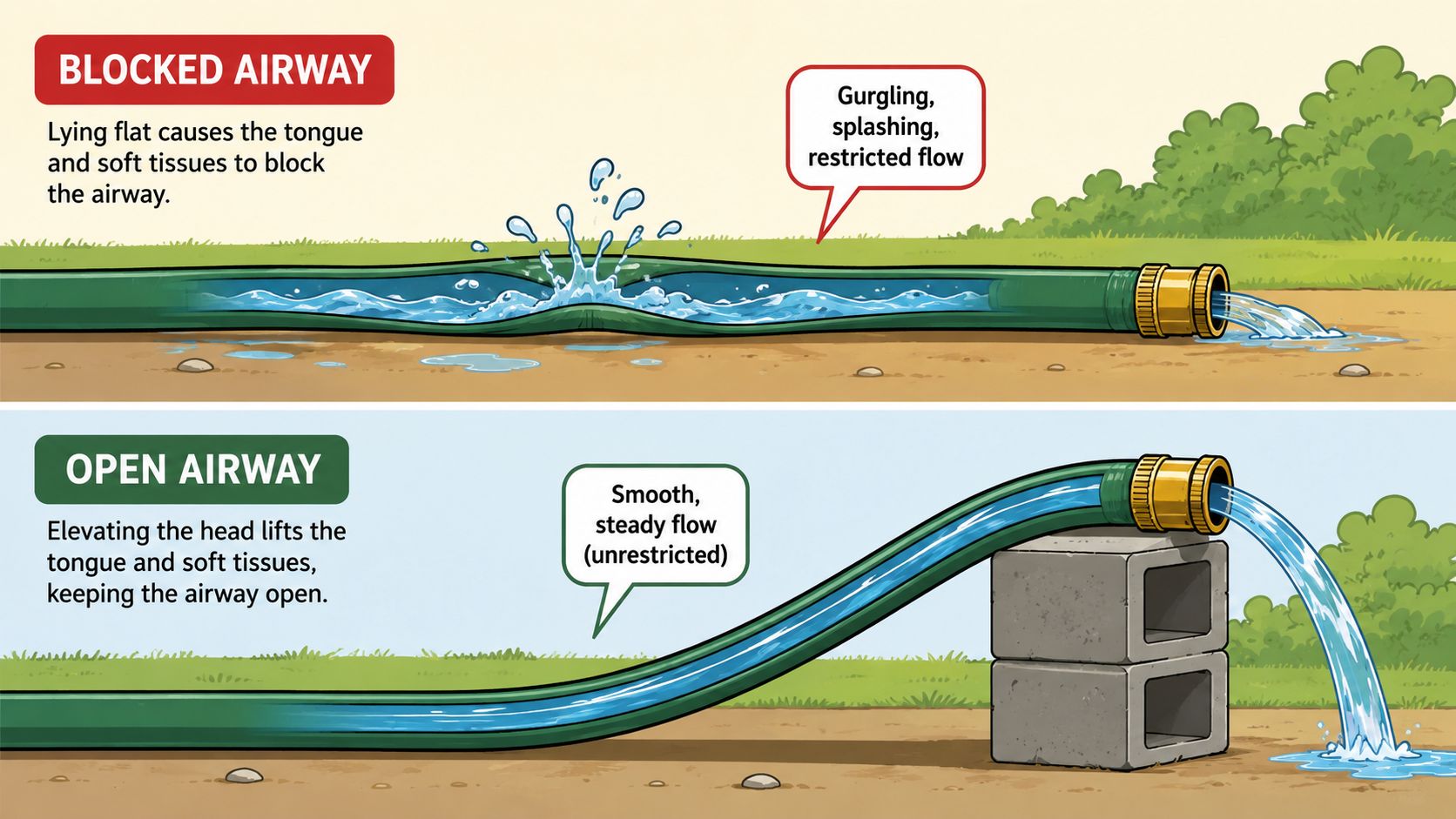 A diagram comparing a blocked hose to an open hose, illustrating how elevating the head prevents airway obstruction.