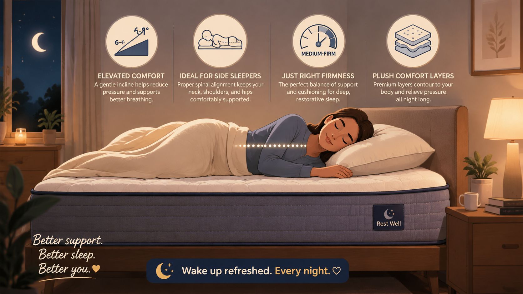 A woman sleeping comfortably on a medium-firm Rest Well mattress that promotes healthy spinal alignment and support.