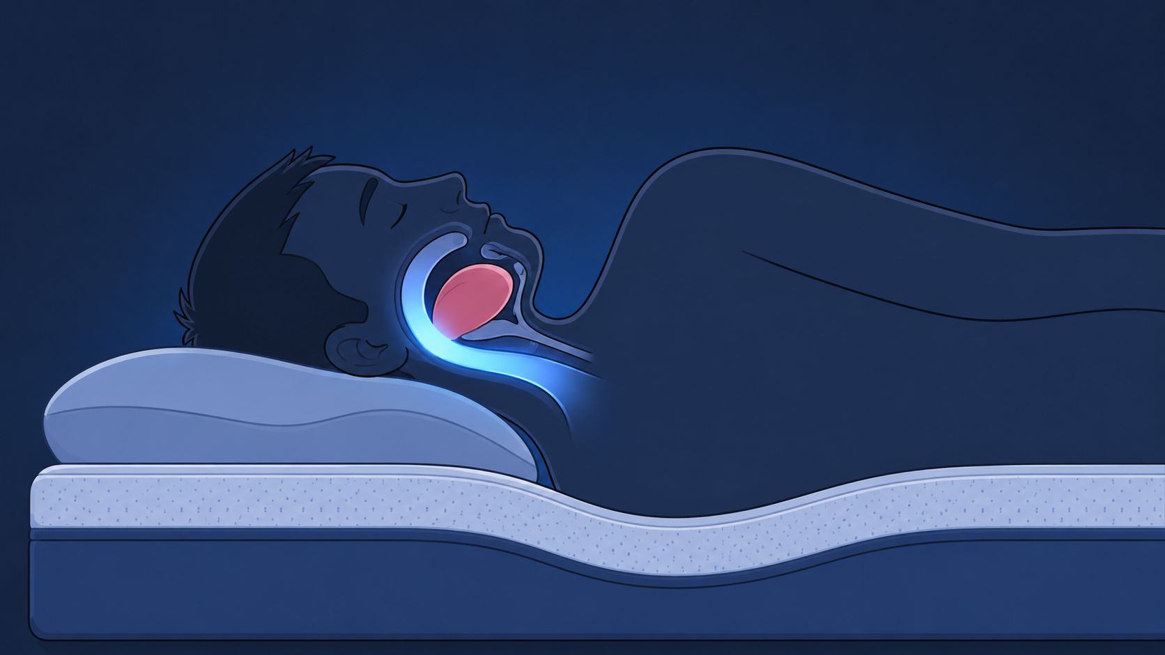 A cross-section illustration showing a person sleeping on a comfortable mattress with an open airway.