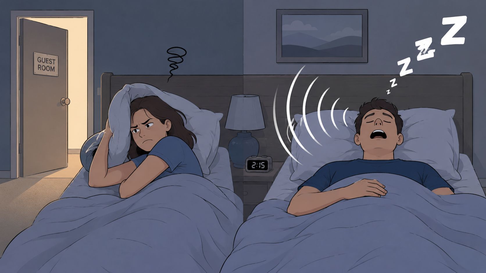 An annoyed woman covers her ears with a pillow while her partner loudly snores in bed.