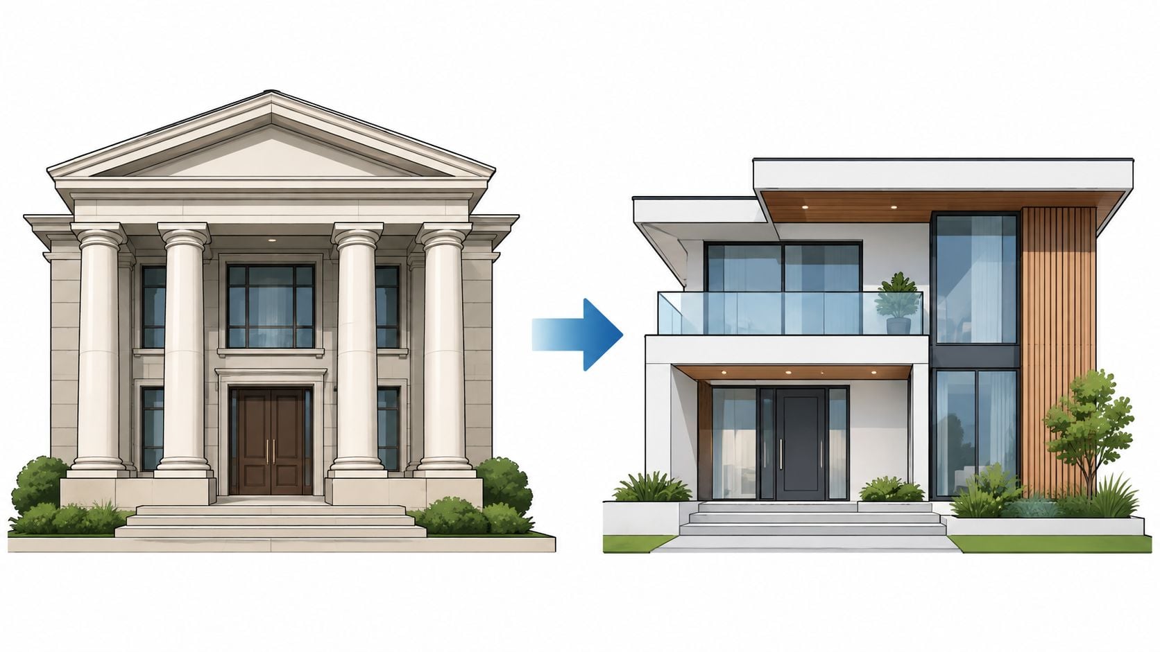 A split image comparing a classical columned neoclassical mansion with a sleek modern luxury villa design.