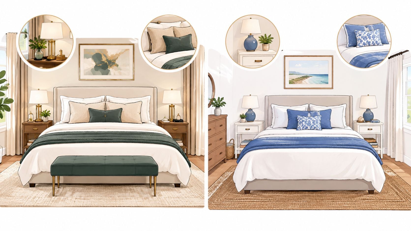 A split image showing two bedroom interior design concepts with different color palettes and wooden bed frames.
