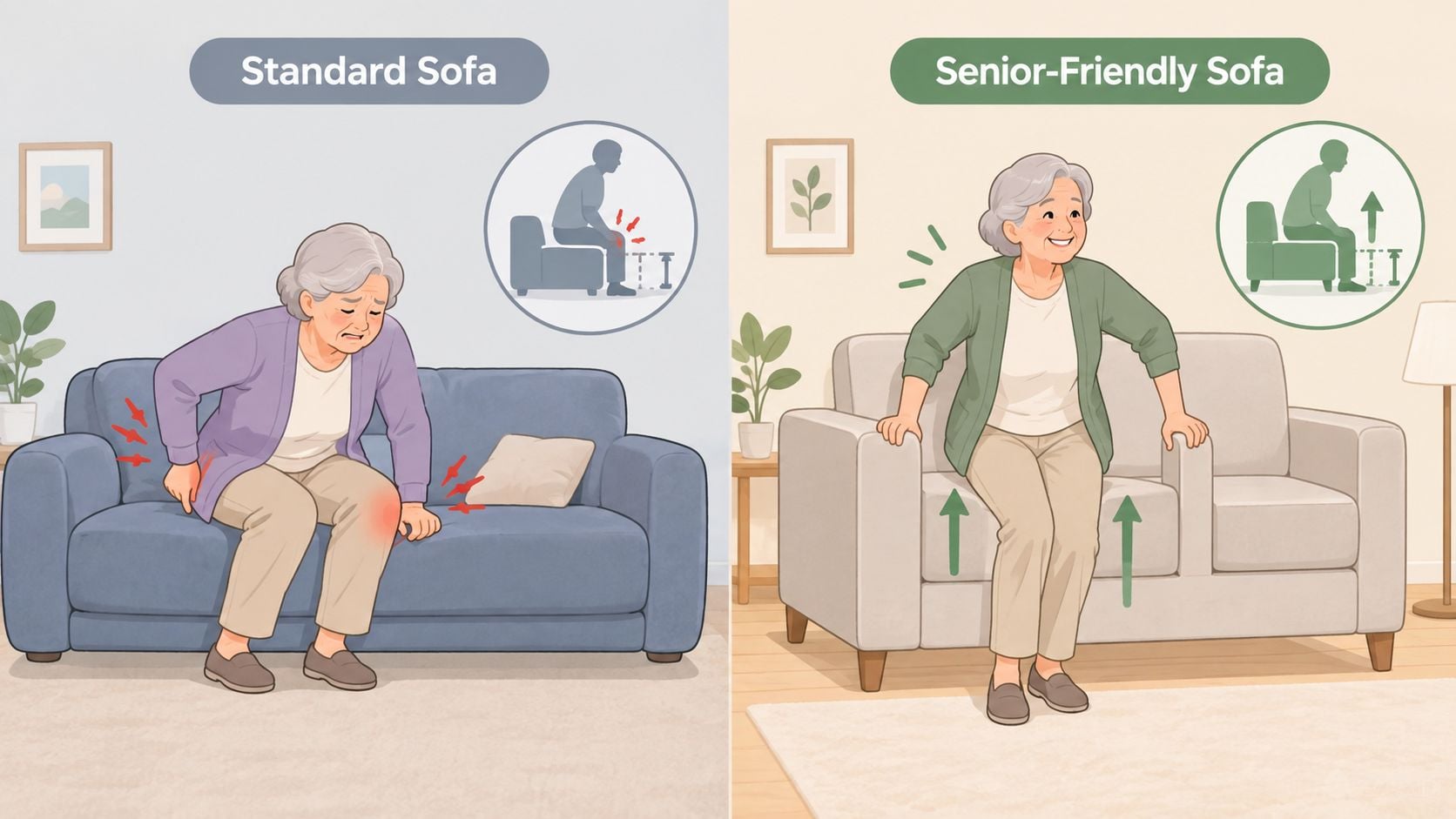 A comparison illustration showing a woman struggling on a low sofa versus sitting easily on a senior-friendly sofa.