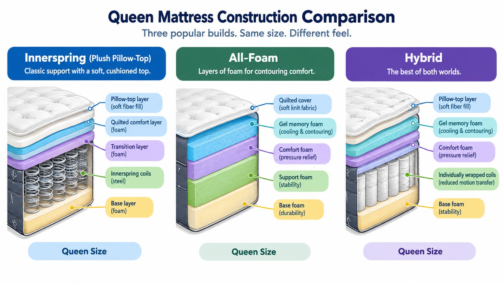A comparison chart showing the internal construction of three popular queen mattress types: Innerspring, All-Foam, and Hybrid.
