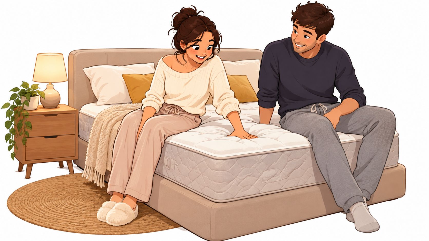 A happy young couple sitting on a soft plush queen mattress in a cozy bedroom setting.