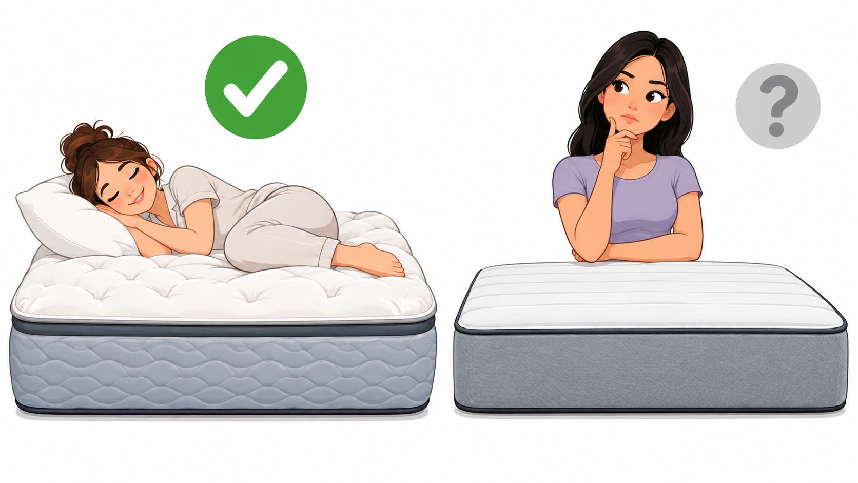 A woman sleeping comfortably on a soft mattress next to another woman contemplating a firm mattress.