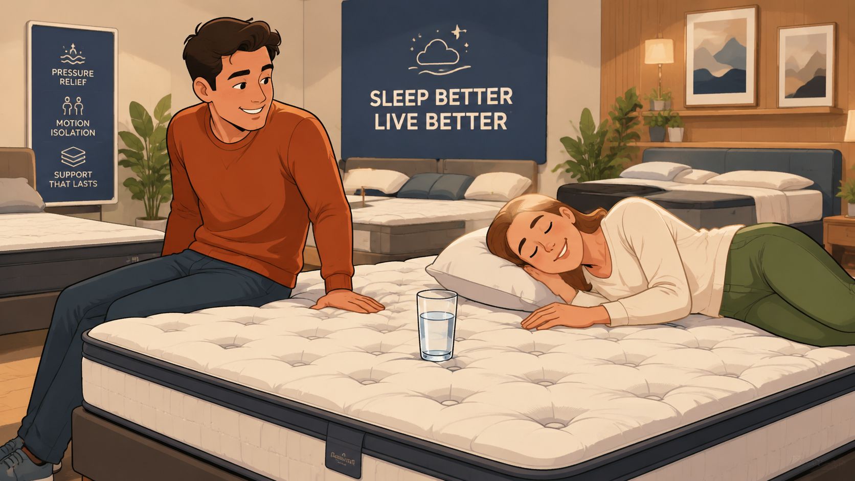 A happy couple testing a high-quality mattress, showcasing motion isolation with a steady glass of water.