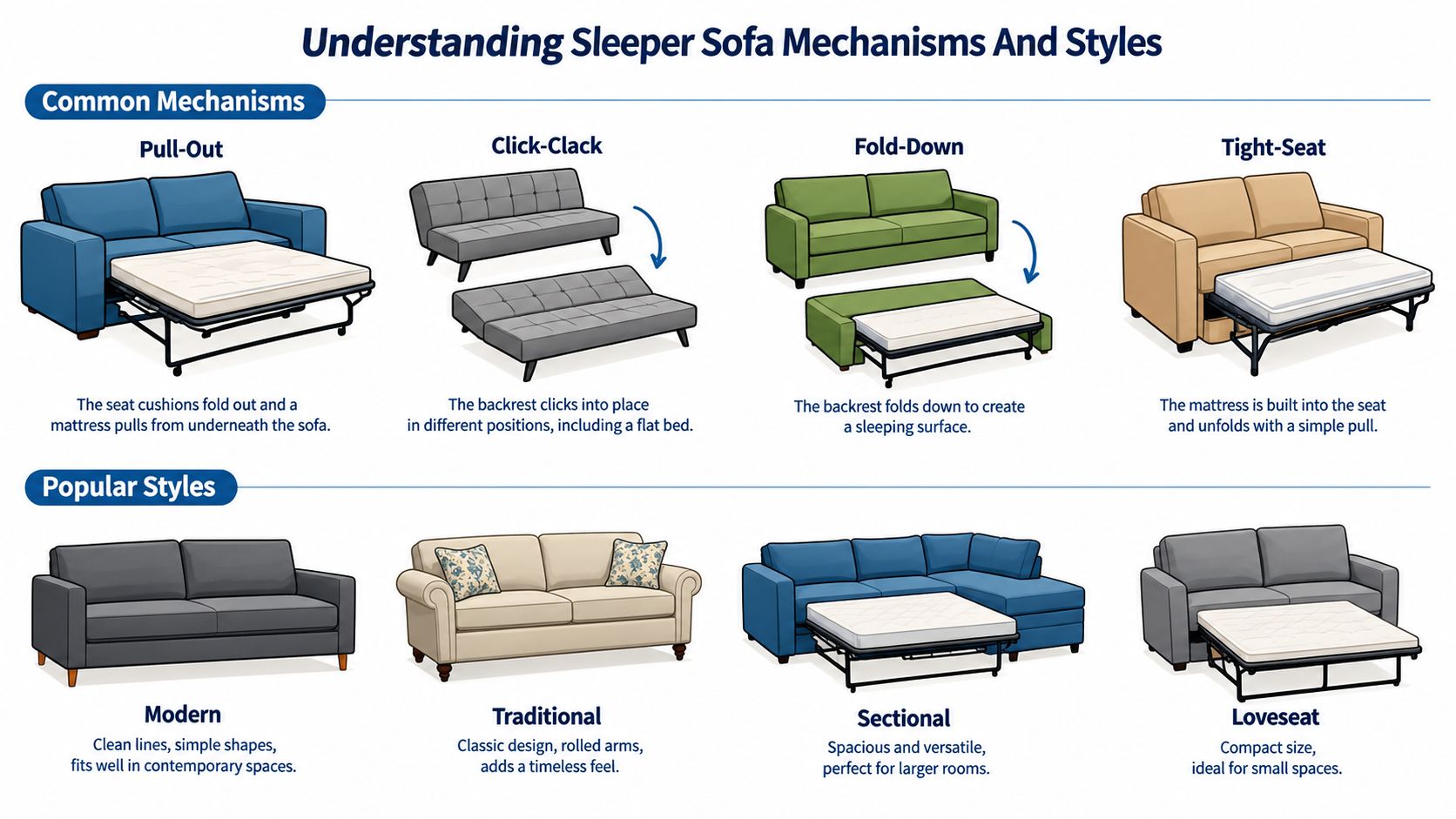 An infographic illustrating various sleeper sofa mechanisms like pull-out, click-clack, and popular sofa styles for interior design.