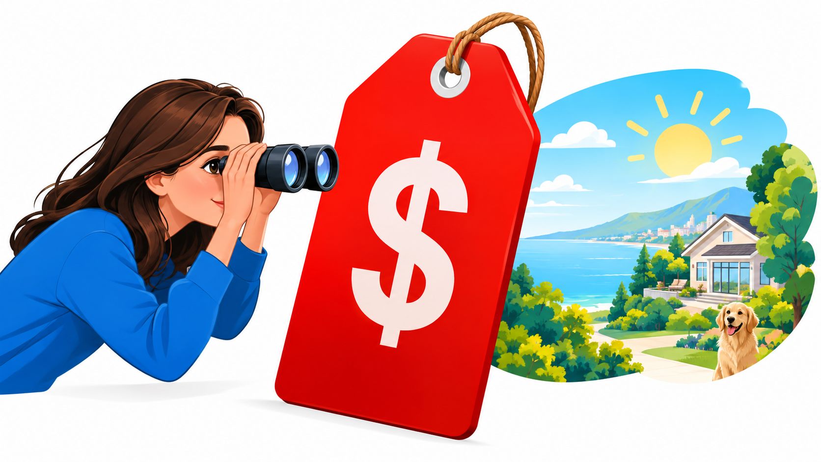 A woman looks through binoculars at a dream coastal home with a golden retriever via price tag.