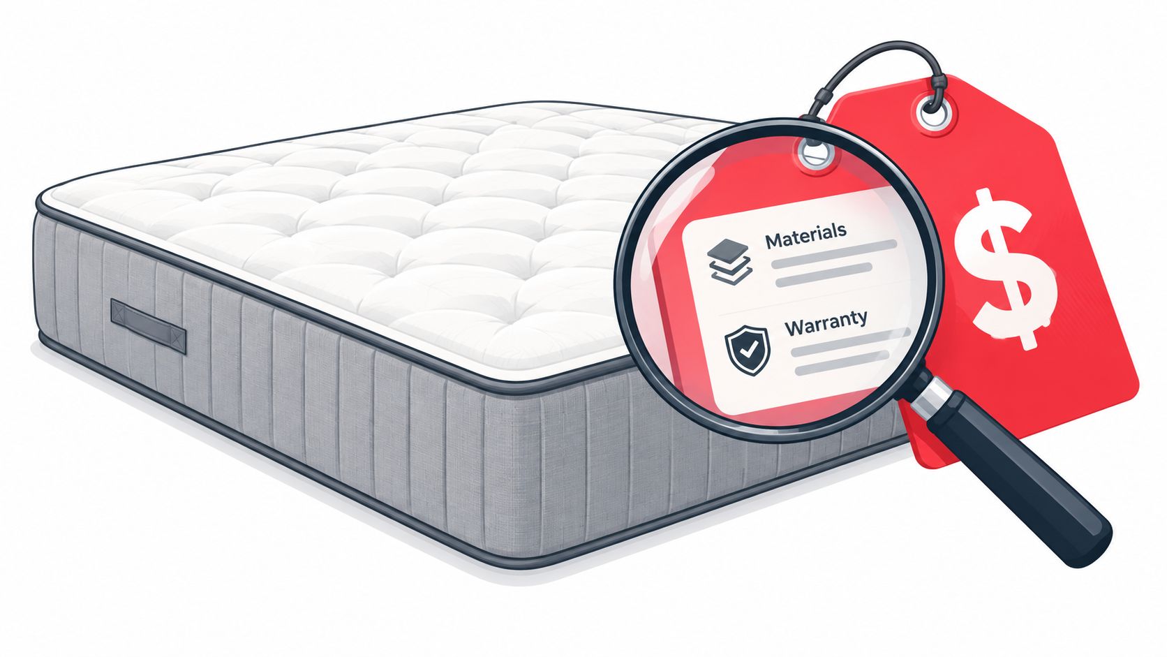 A mattress illustrated with a magnifying glass examining price tag details like materials and warranty information.