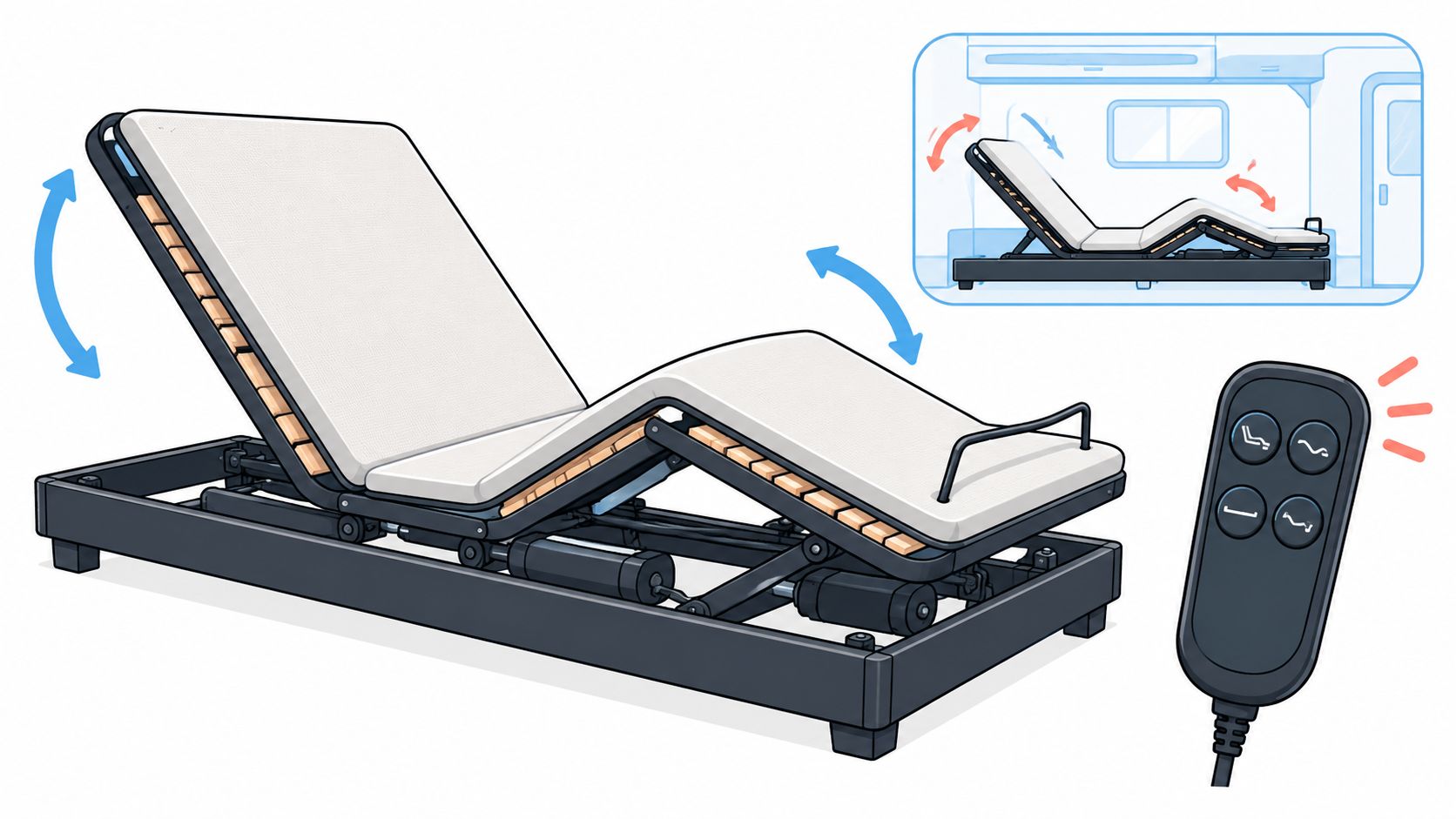 A diagram showing an adjustable bed frame suitable for an RV with a remote control and movement arrows.