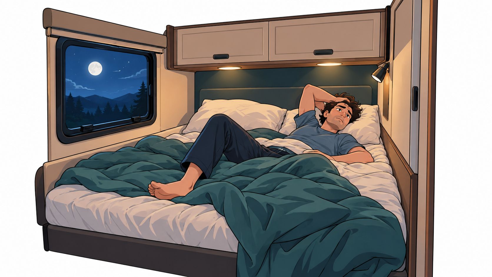 A man lying awake in a modern RV bed at night while looking out at the moon.