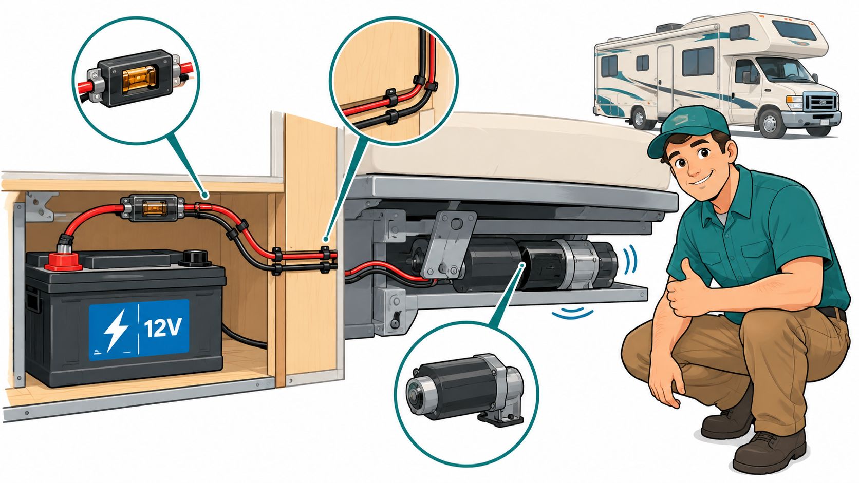A technician demonstrates the installation of a motorized electric bed system in a recreational vehicle battery compartment.