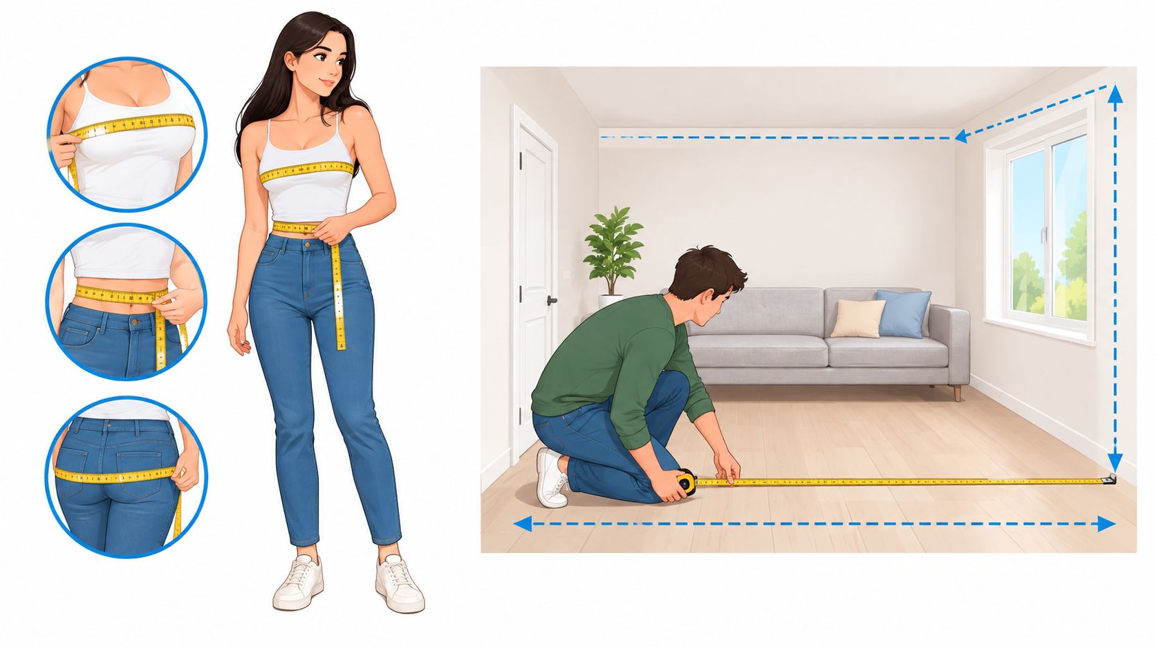 A composite image showing a woman measuring her body and a man measuring room dimensions with tapes.