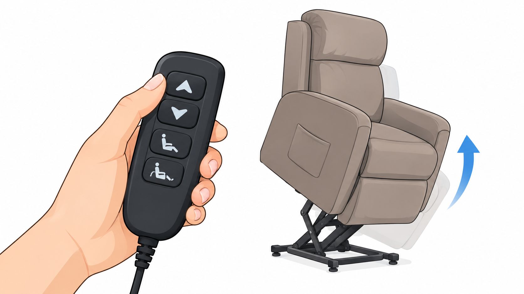 A hand holding a remote control for a power lift recliner chair in an upright standing position.