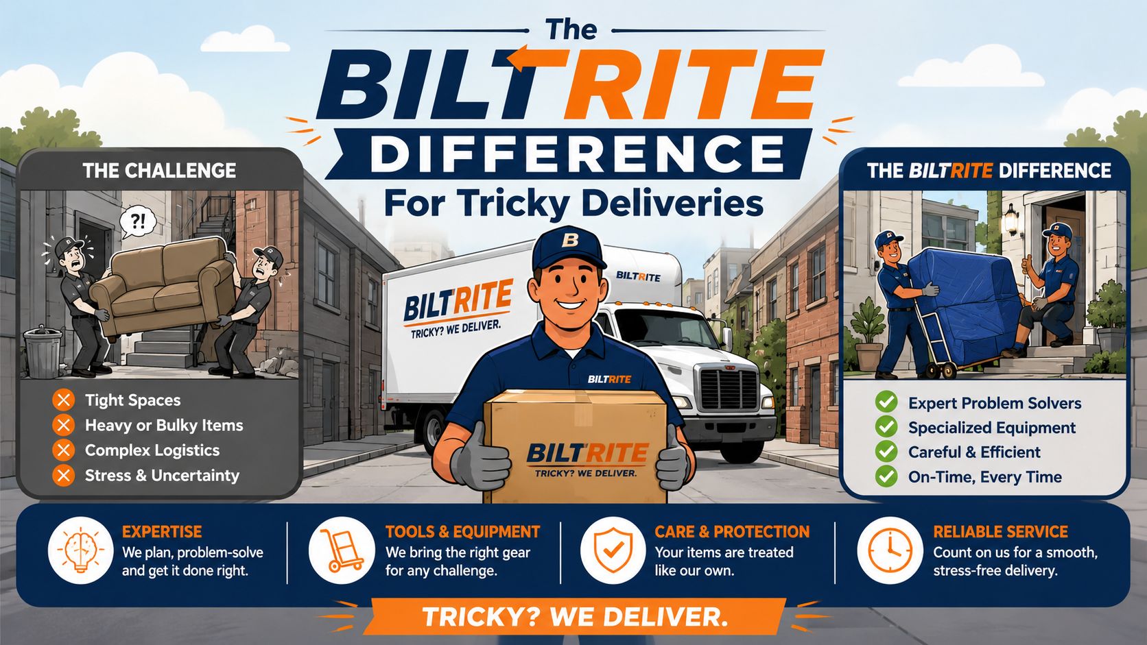 A professional delivery service comparison infographic showcasing the BiltRite difference for moving difficult or bulky furniture items.