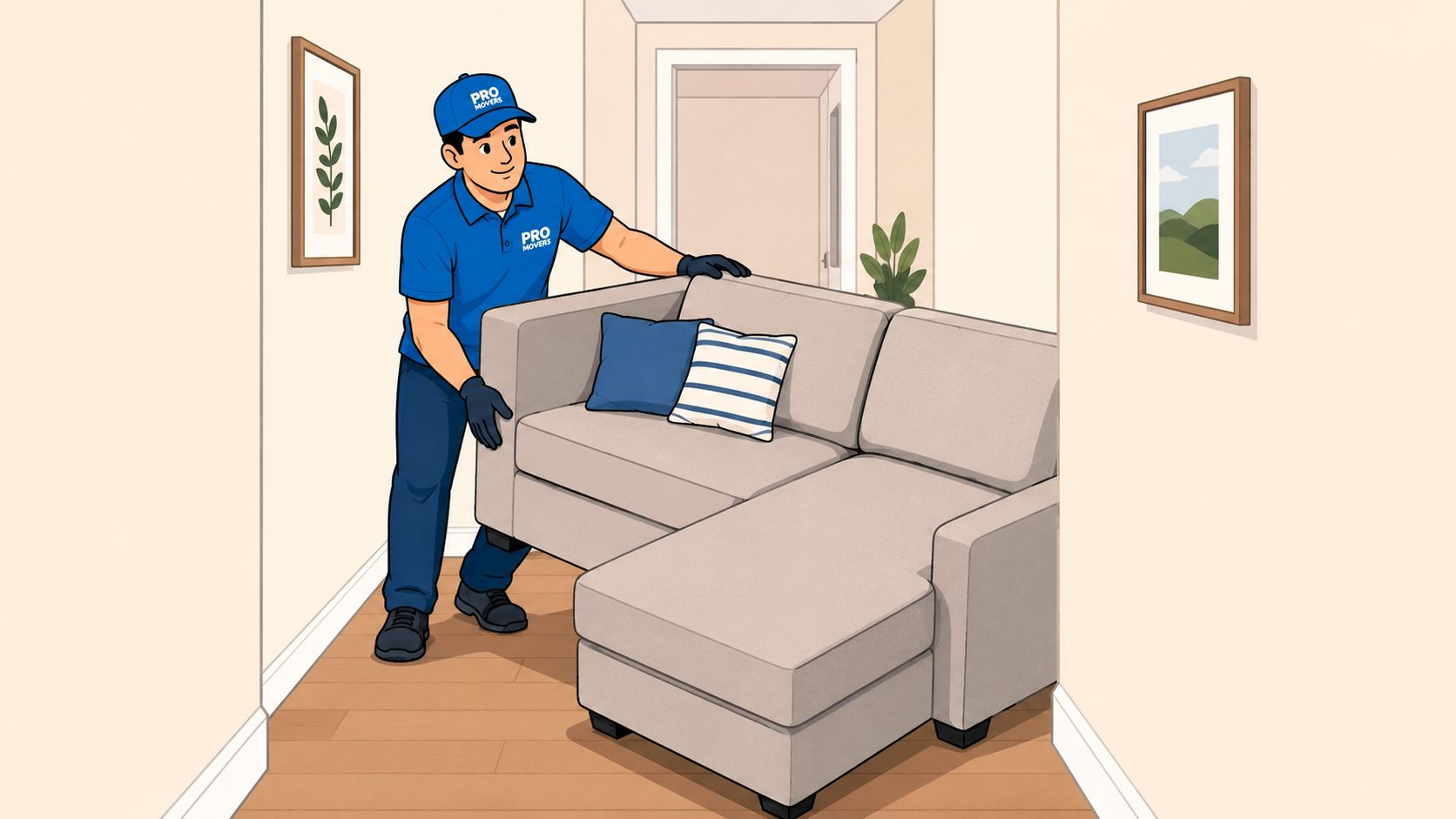 A professional mover in a blue uniform lifting a light gray sectional couch with a chaise.