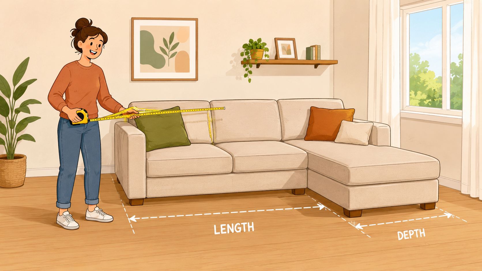 A woman using a measuring tape to determine the dimensions of a beige sectional couch with chaise.