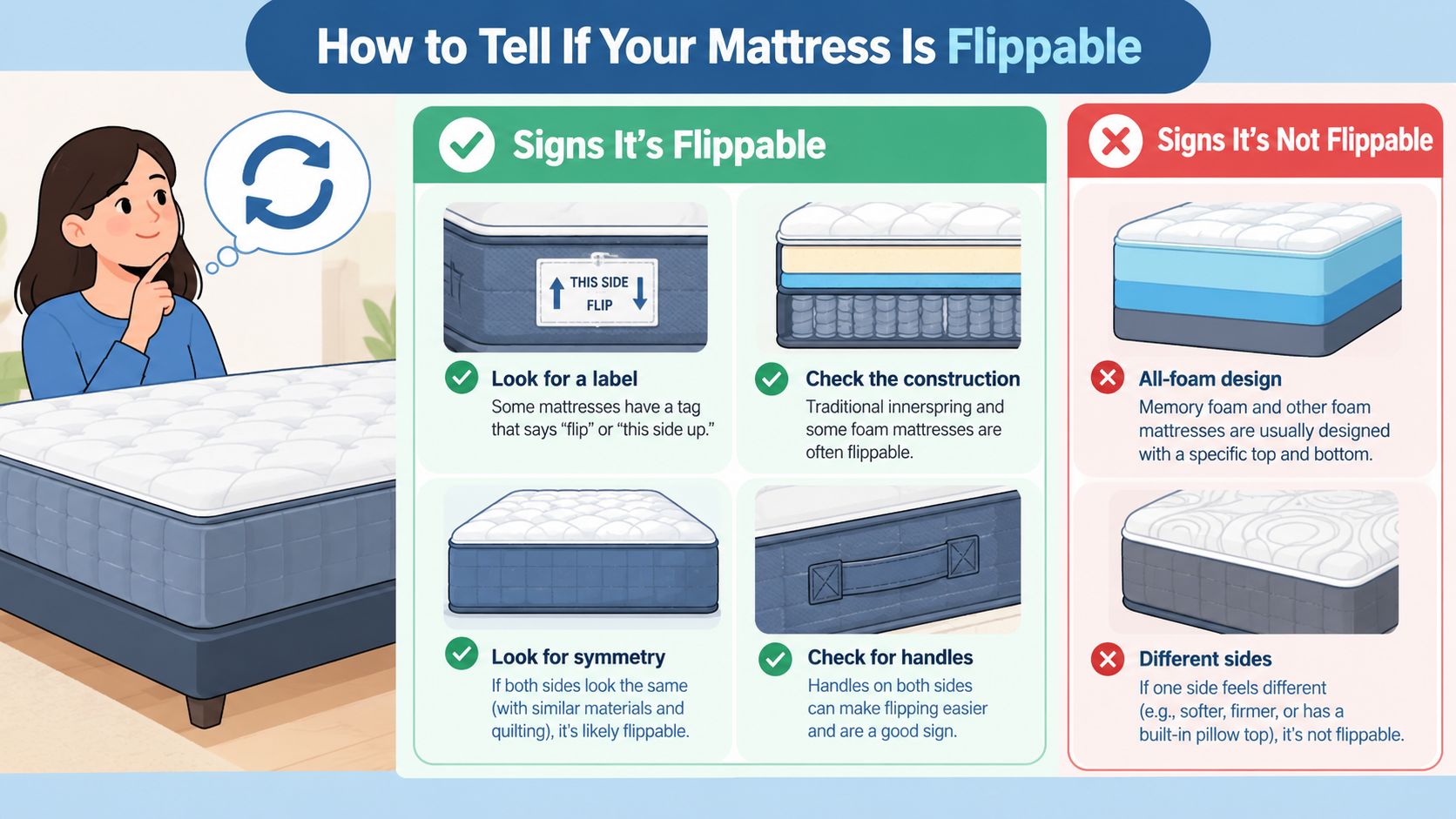 An infographic titled How to Tell If Your Mattress Is Flippable with signs to check for.