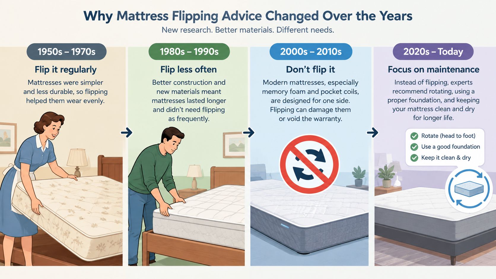 An infographic showing the history of mattress care advice from the 1950s to the present day.