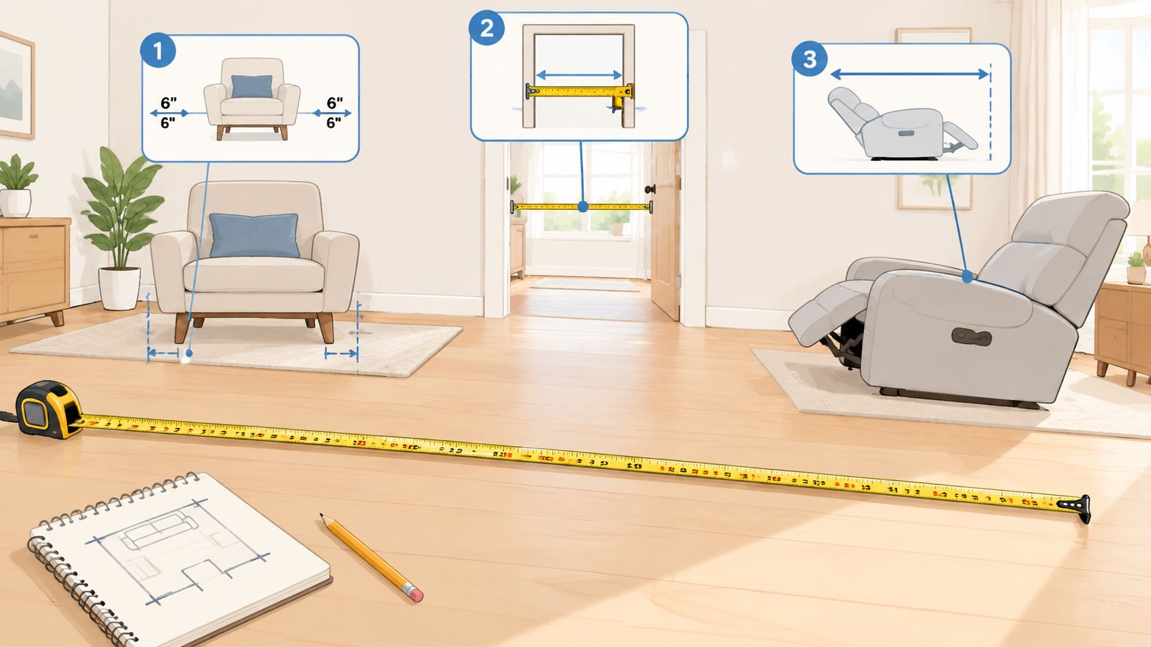 An illustration showing how to measure living room space for small scale recliner chairs and furniture.