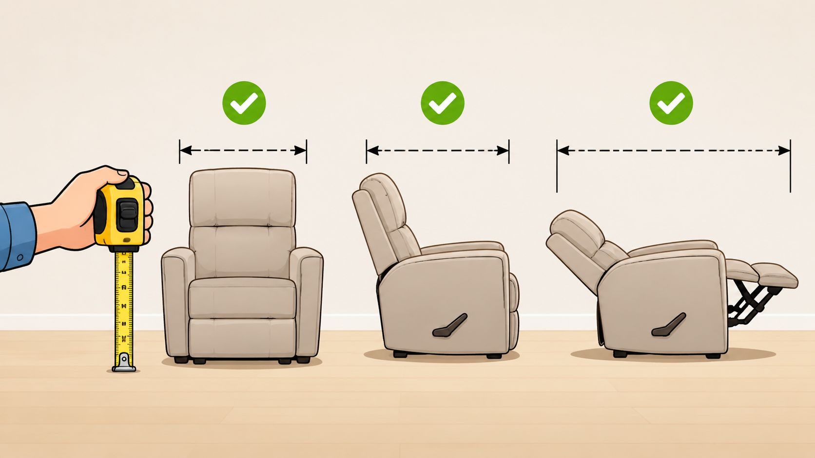 A hand holding a yellow measuring tape next to three recliner chairs shown in different positions.