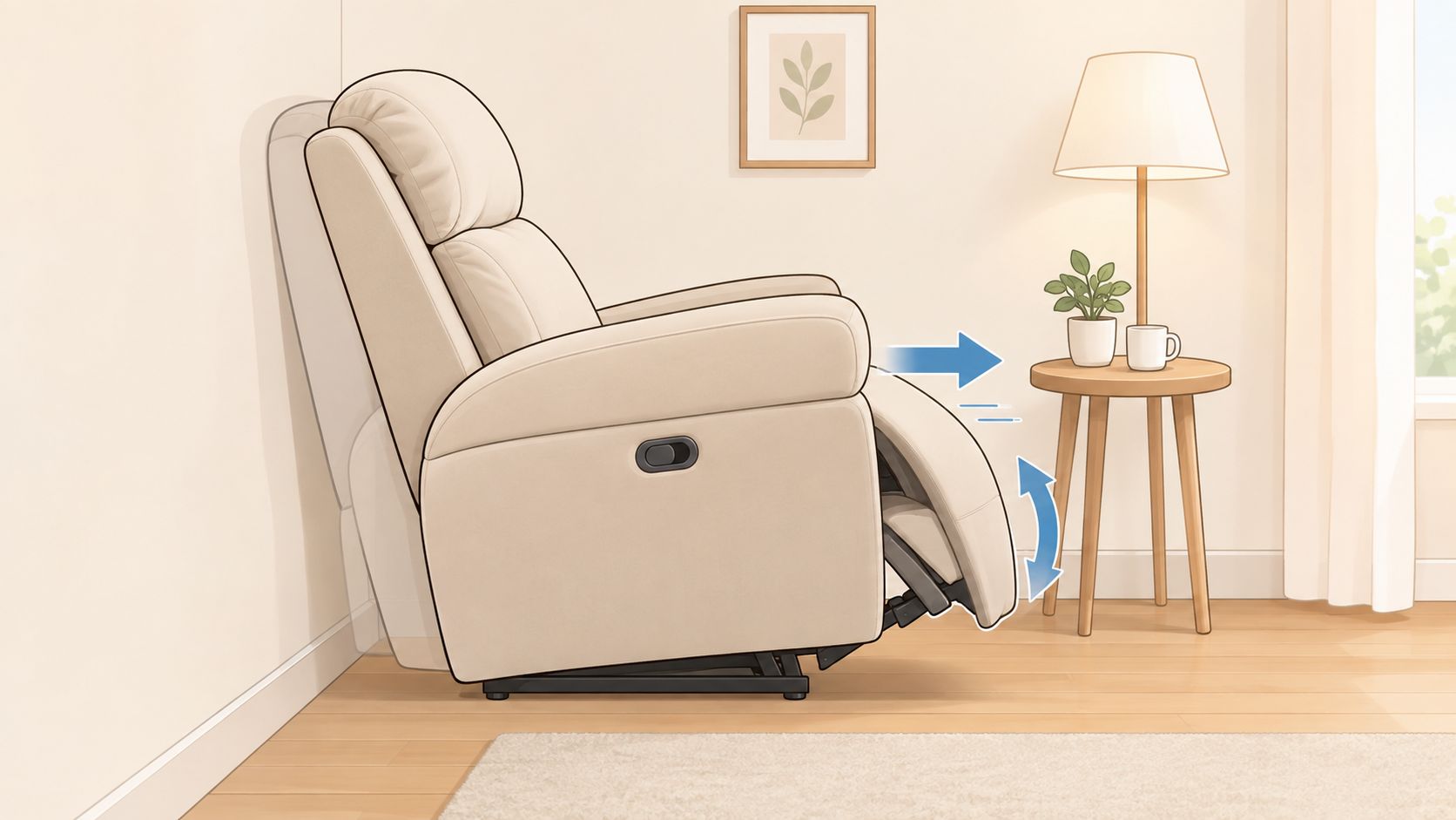 A modern beige recliner chair is shown extending its footrest in a cozy, minimalist living room.