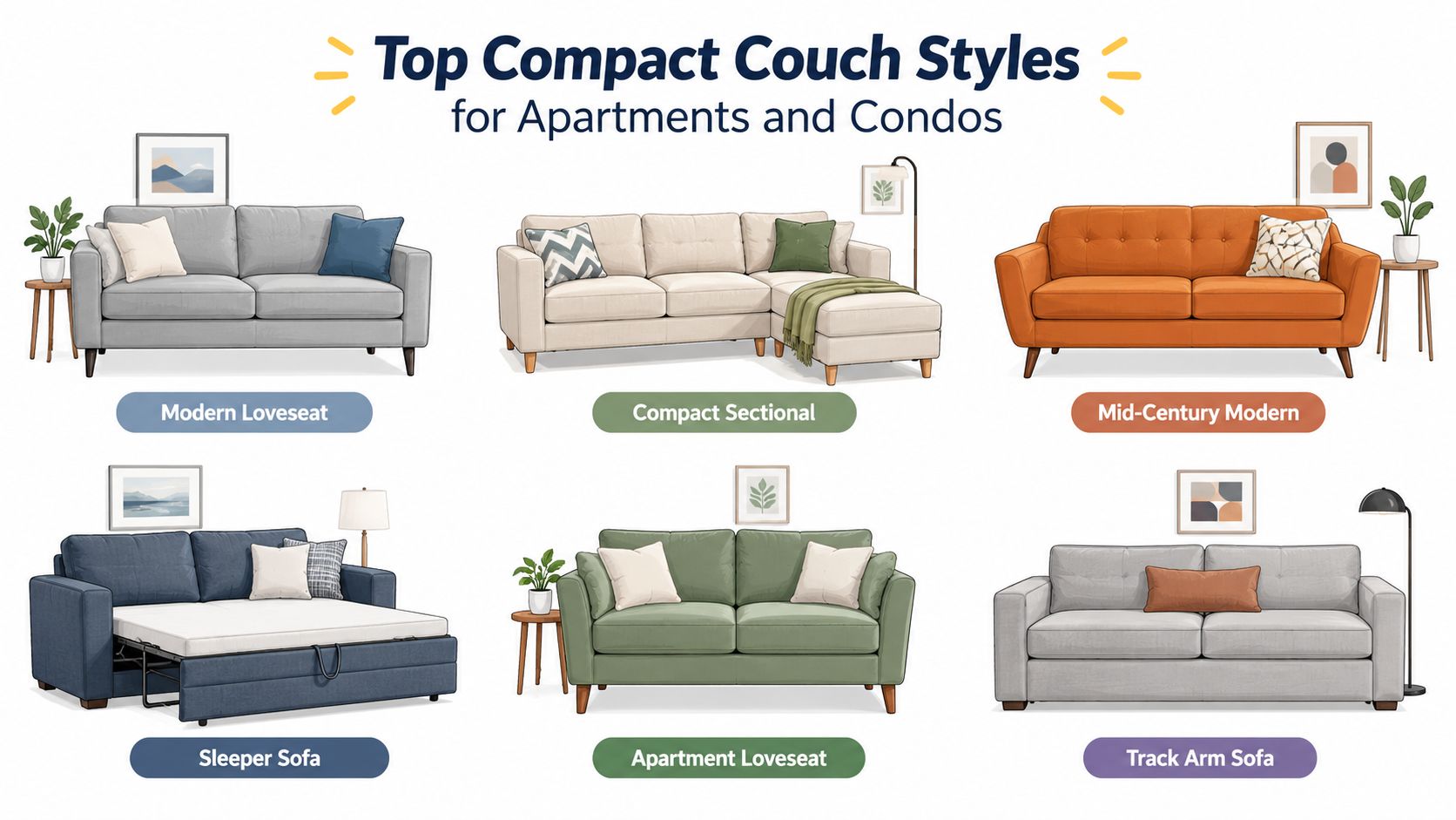 A graphic displaying six different styles of compact couches suitable for apartments and small living spaces.