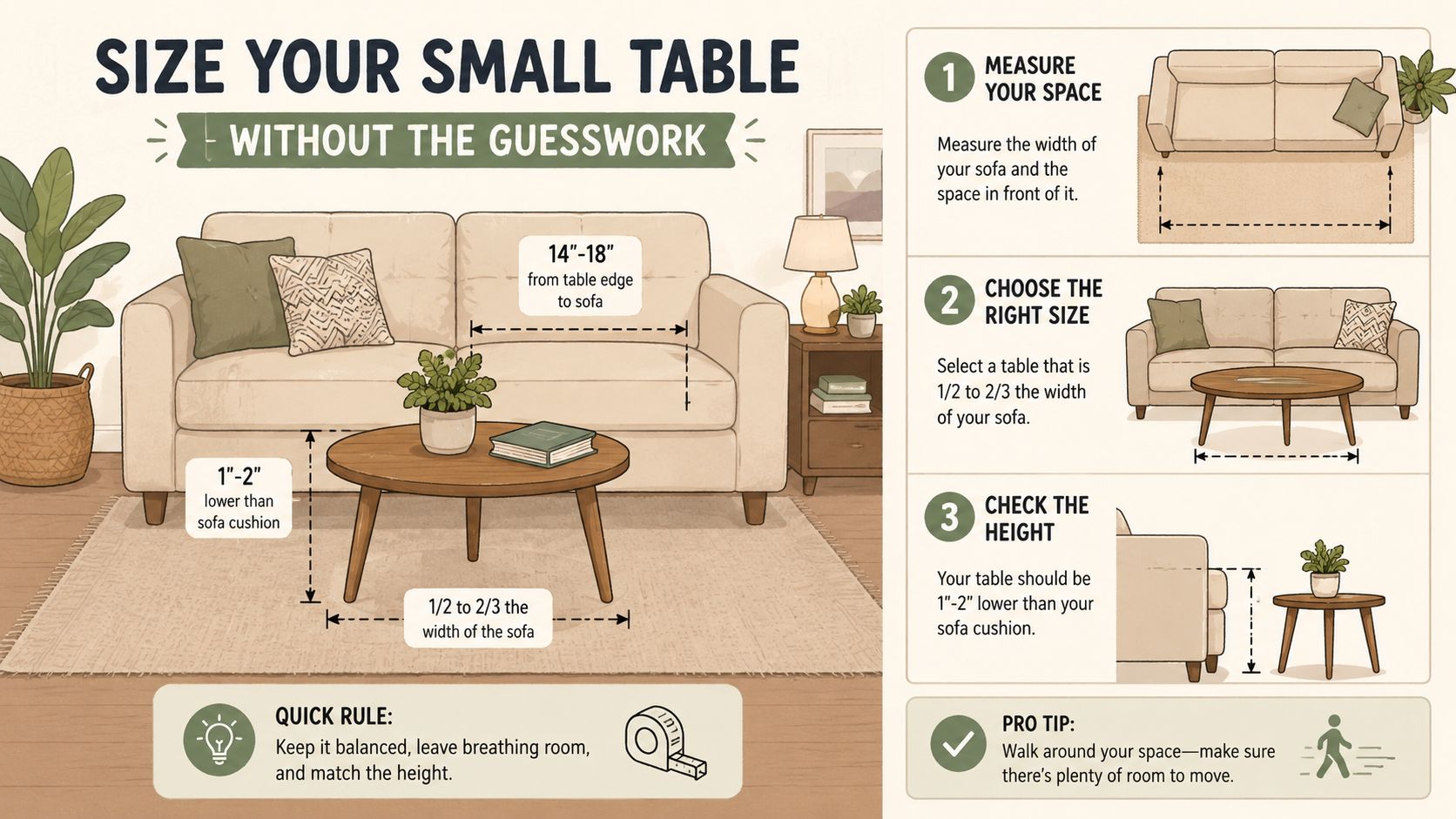 An infographic illustrating how to correctly size a coffee table relative to your sofa for living rooms.