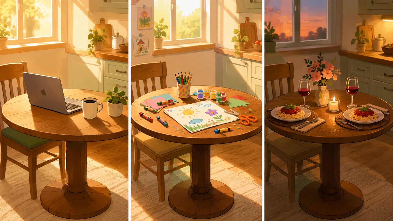 A split image showing three scenes of the same kitchen table used for working, crafting, and dining.