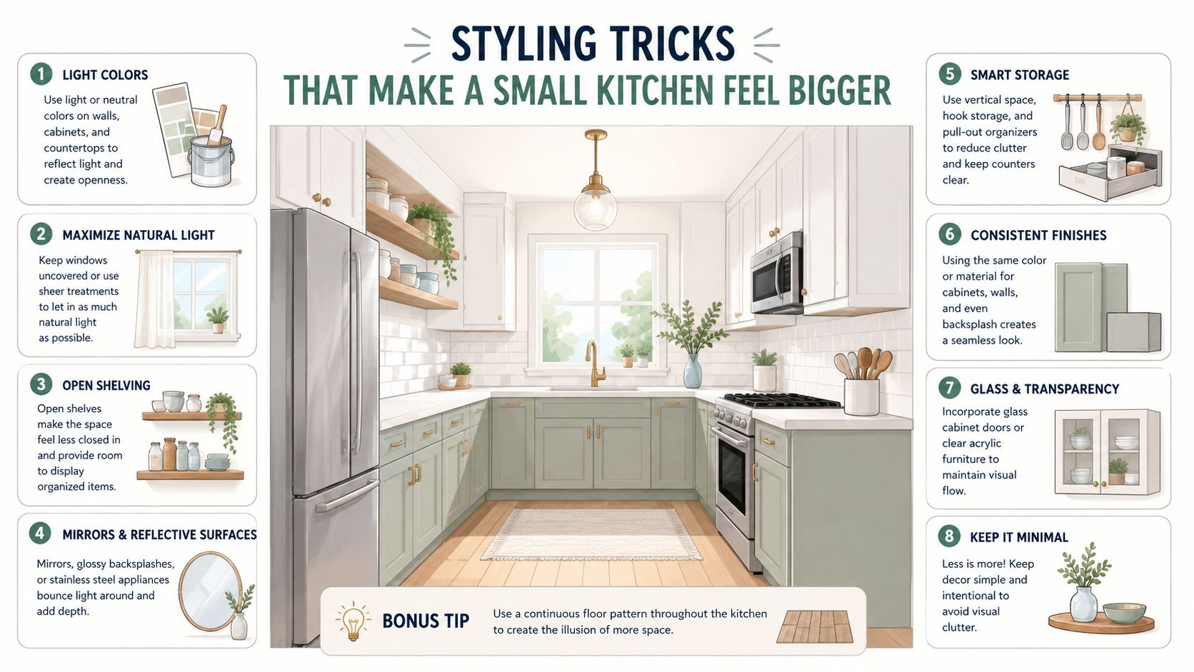 An infographic showing eight design tips to make a small kitchen feel more spacious and organized.