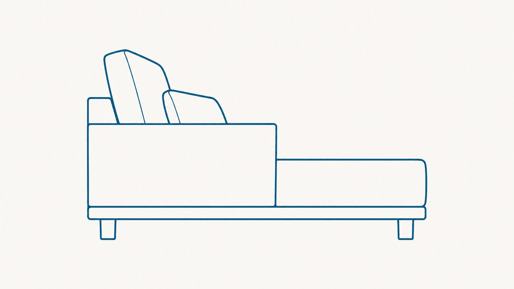 A minimalist blue line art drawing of a chaise lounge sofa viewed from the side profile.
