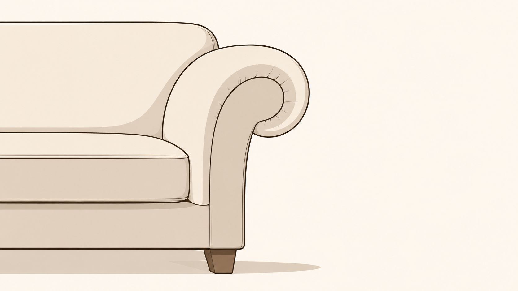 A close-up illustration of a cream-colored sofa featuring a classic rolled armrest design.
