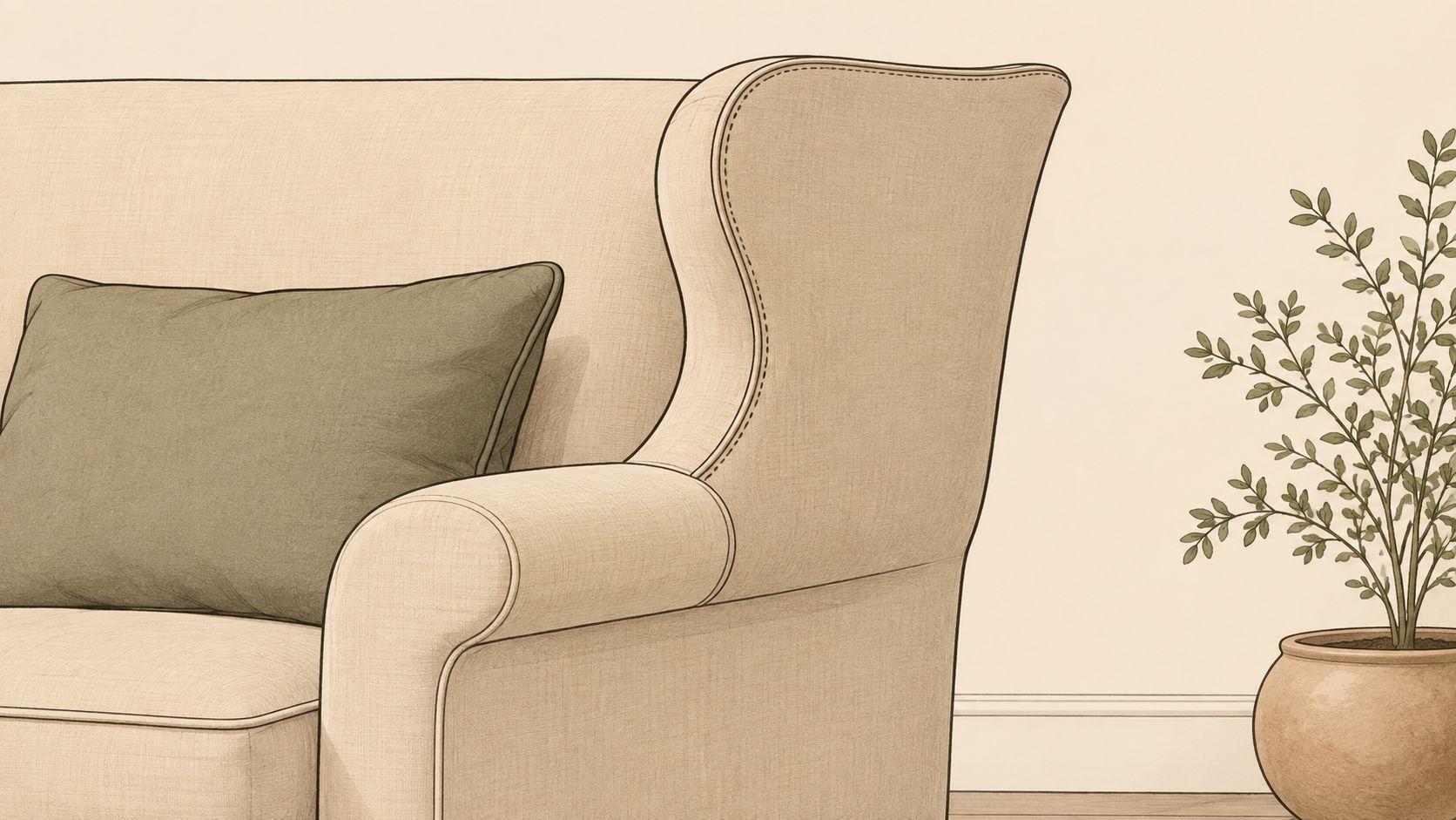 A close-up view of an elegant beige wingback sofa arm with a decorative accent pillow nearby.