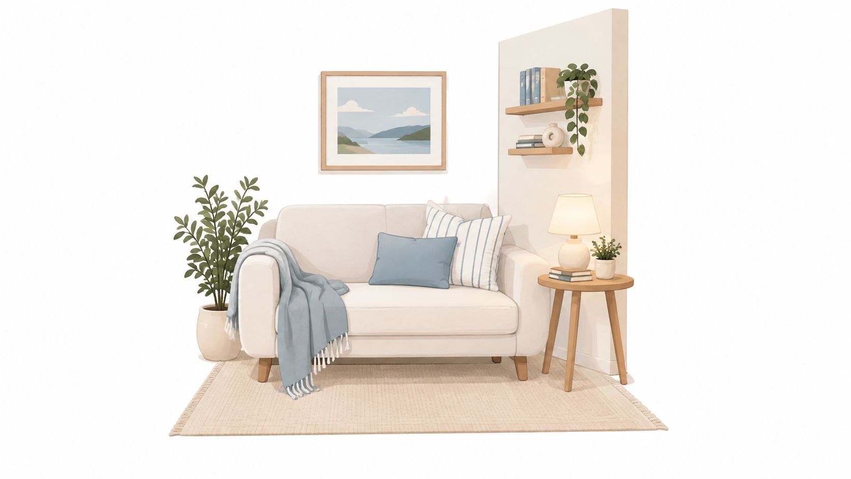 A cozy, minimalist living room corner featuring a neutral sofa with blue accents and a wooden side table.