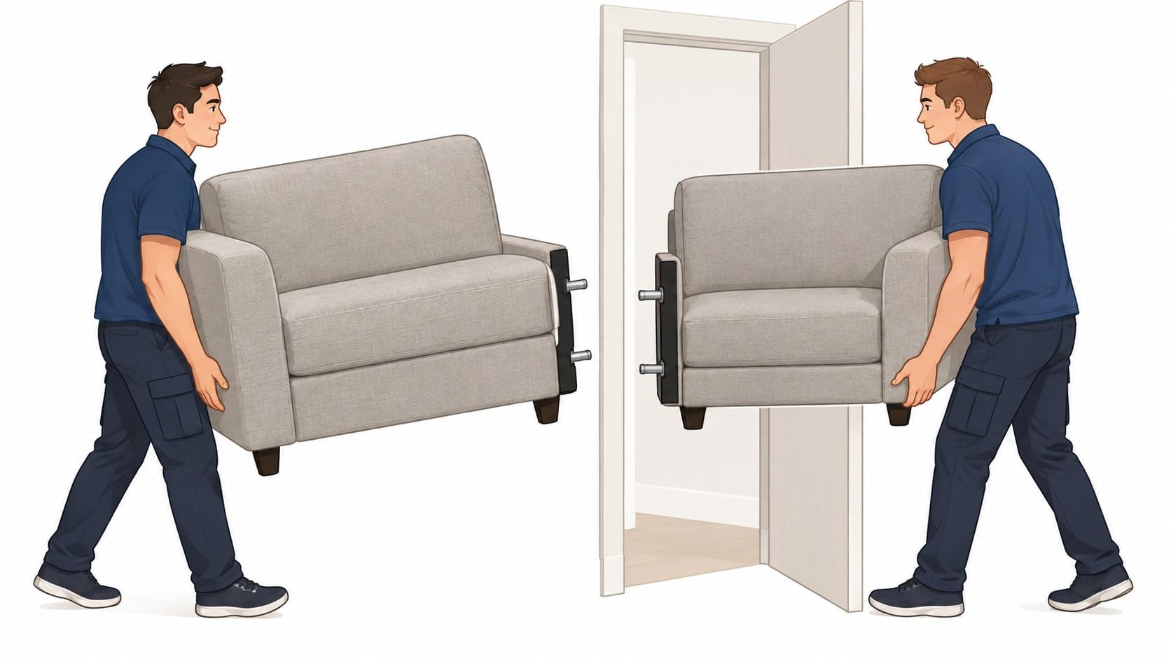 Two movers in blue uniforms carrying a light gray upholstered loveseat through a wooden doorway.