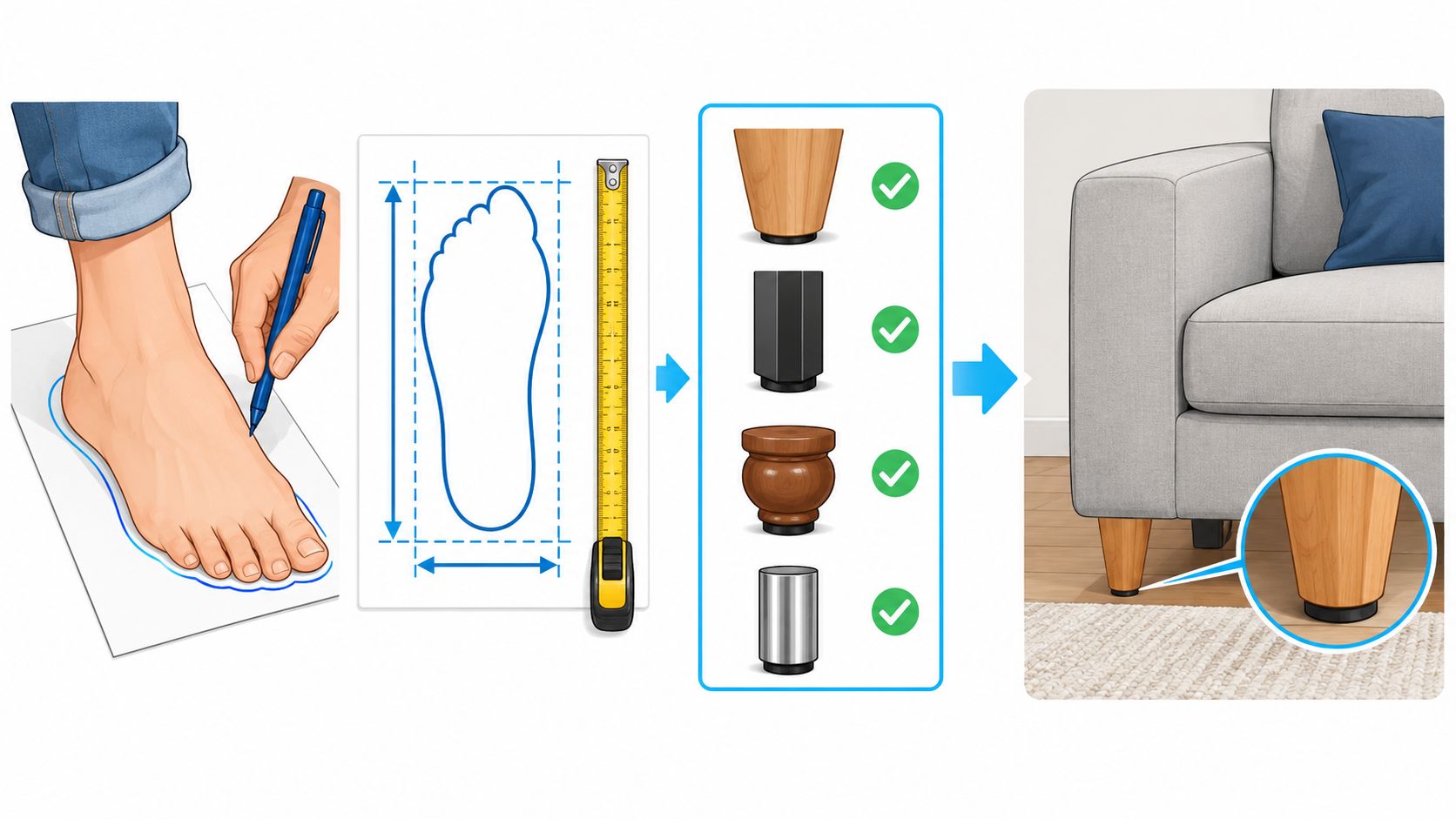 A diagram illustrating how to measure furniture feet, featuring foot tracing and various furniture leg styles.